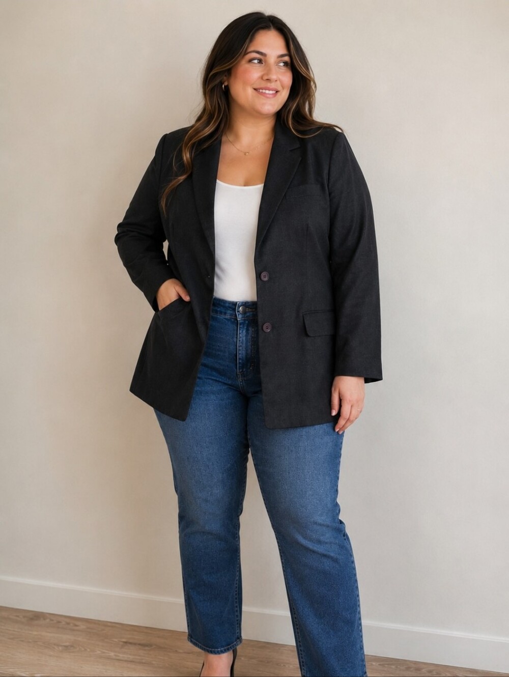 Laura Scott Black Tailored Blazer Linen Size 16 Minimalist Classiccore